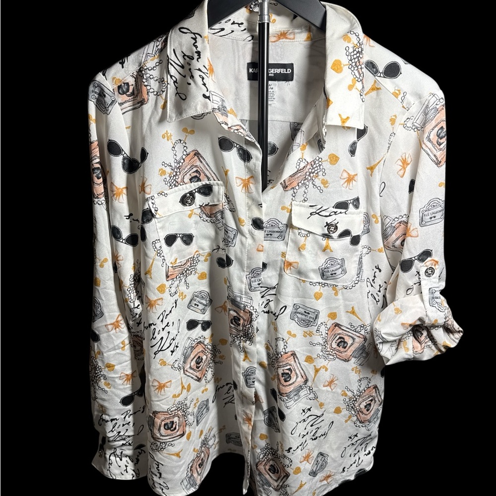 Karl Lagerfeld White Printed Long-Sleeve Button Shirt with Peach & Gold Accents